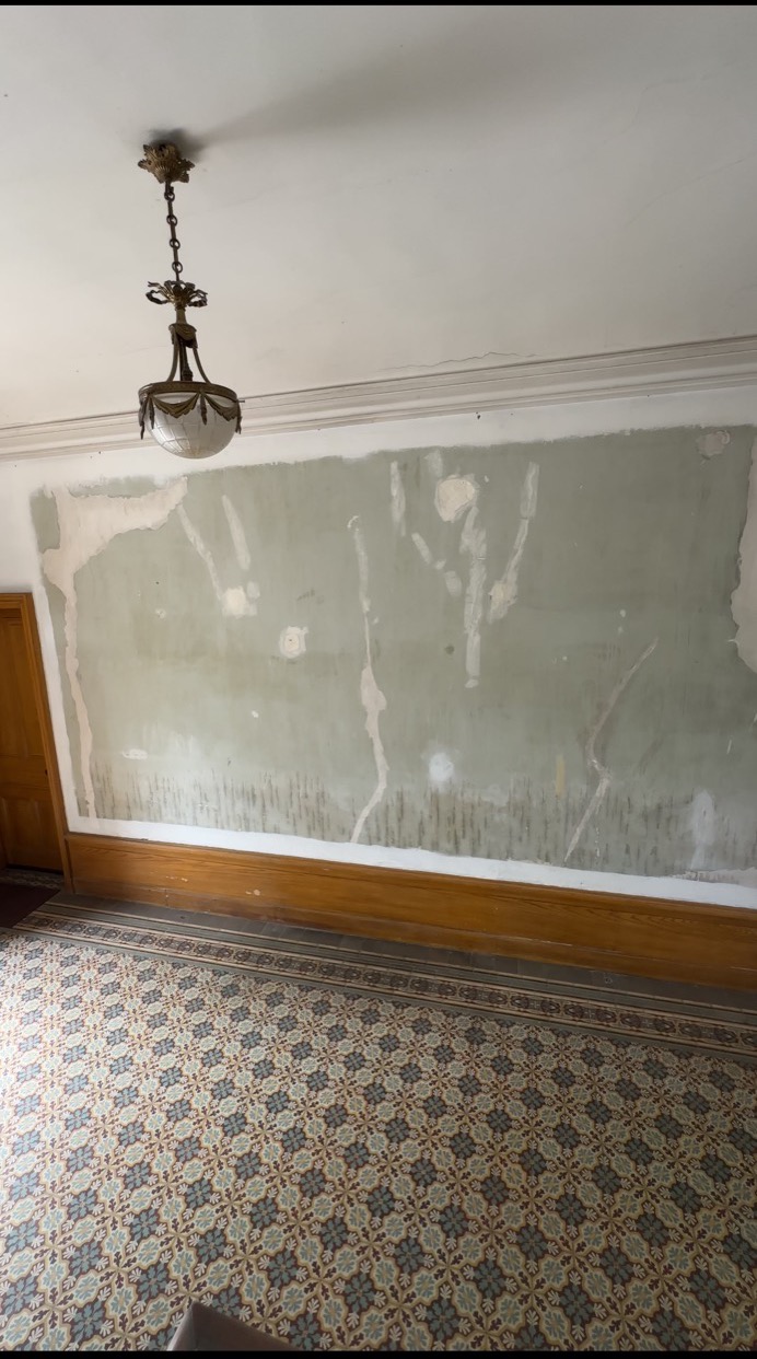 Mur d’une pièce ancienne avant intervention : l’enduit vert de gris est parti par plaques entre la plinthe en bois et une moulure blanche, sous un lustre ancien en laiton, au-dessus d’un sol en carreaux de ciment à motifs